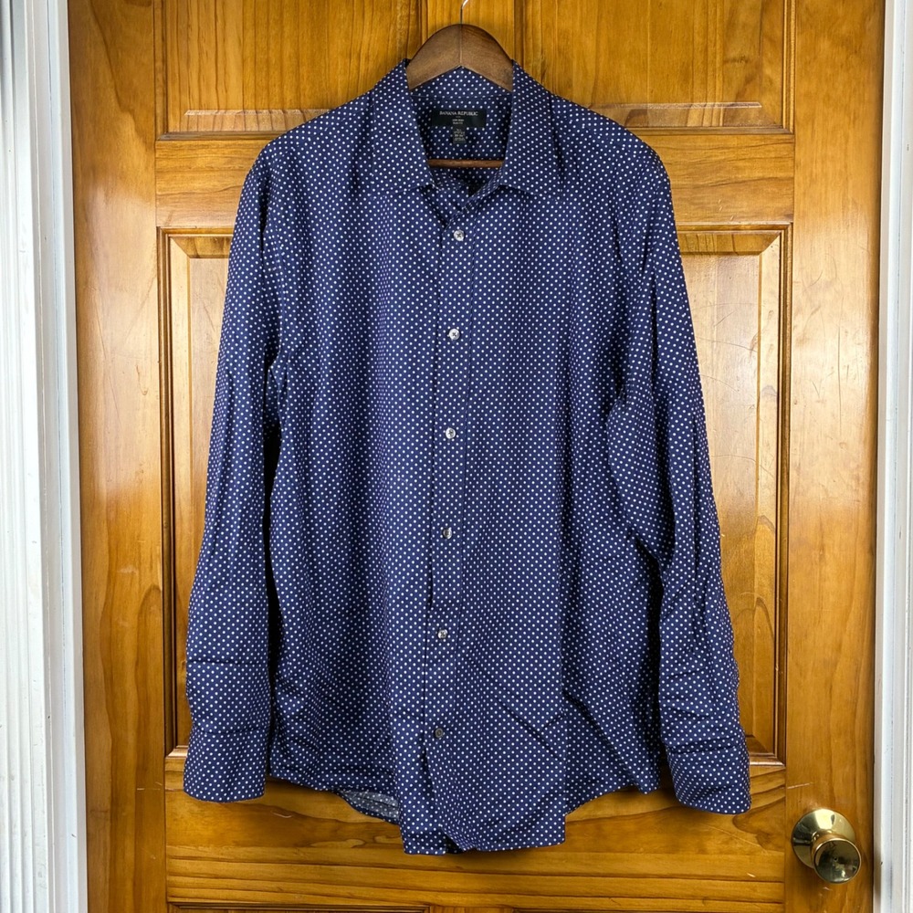 Banana Republic Non Iron Slim Fit Shirt XL 17 17 1/2 Navy Blue White Dot Cotton